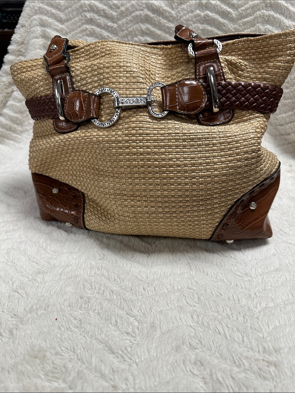 Jute Polyethylene Vinyl trim Tote purse. Cool Engraved Silver tone hardware